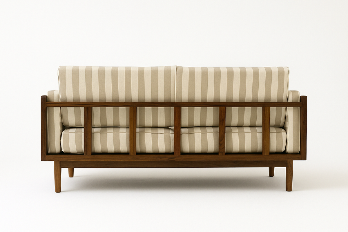 Linen Haze Striped Sofa Sheesham Wood 3 -Seater Sofa with Handwoven Cane Panel - Honey Finish