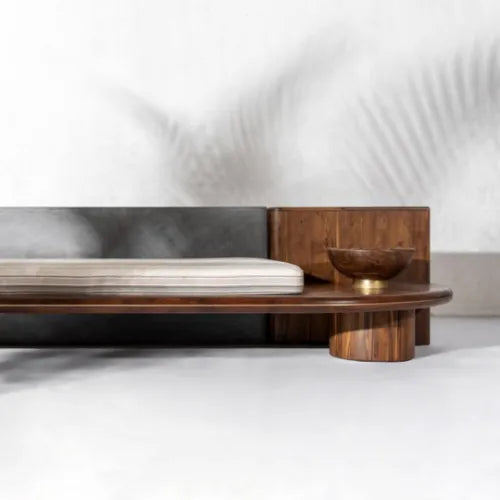 Suryavanshi ZenSpace Modular Sofa – Minimalist Wood & Concrete Lounge with Built-In Side Table