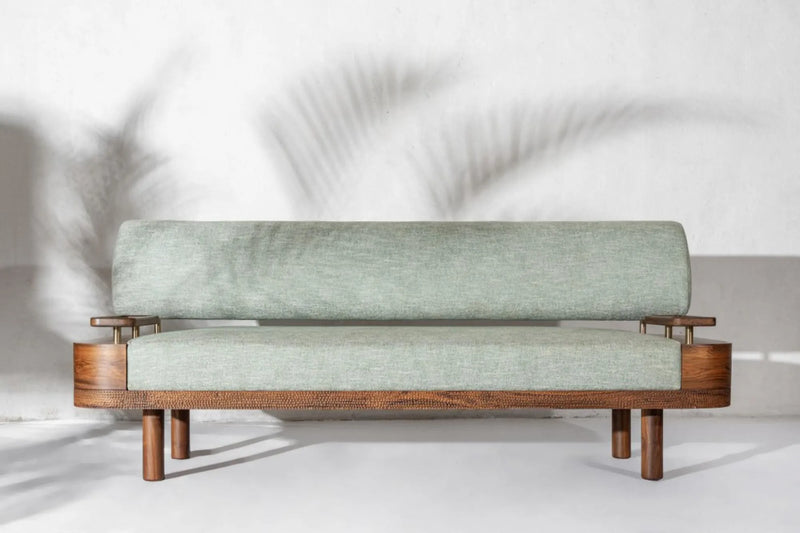 Suryavanshi Verdant Luxe Mid-Century Sofa – Solid Sheesham Wood Frame with Soft Sage Sea Green Upholstery (Customized fabric available)