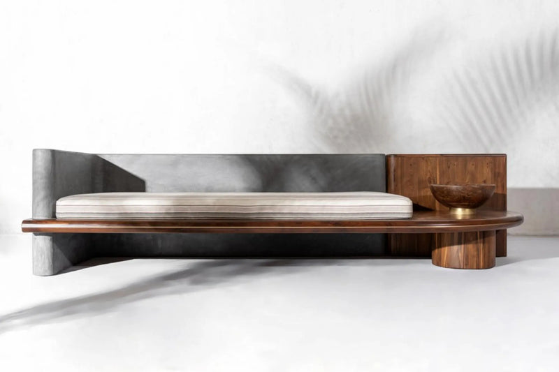 Suryavanshi ZenSpace Modular Sofa – Minimalist Wood & Concrete Lounge with Built-In Side Table