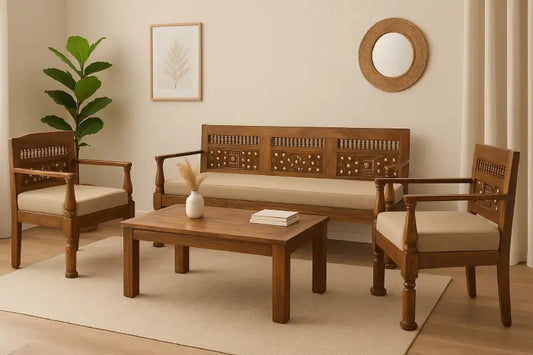 Suryavanshi Sheesham Wood Brass 5 Seater Sofa Set: Exquisite Craftsmanship and Comfort in One 3+1+1