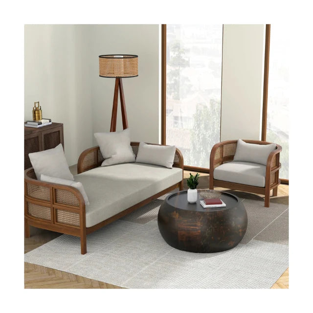 Suryavanshi BaliBreeze Cane Craft Wooden Daybed with Handwoven Rattan & Beige Cushions – Versatile Lounge & Guest Bed