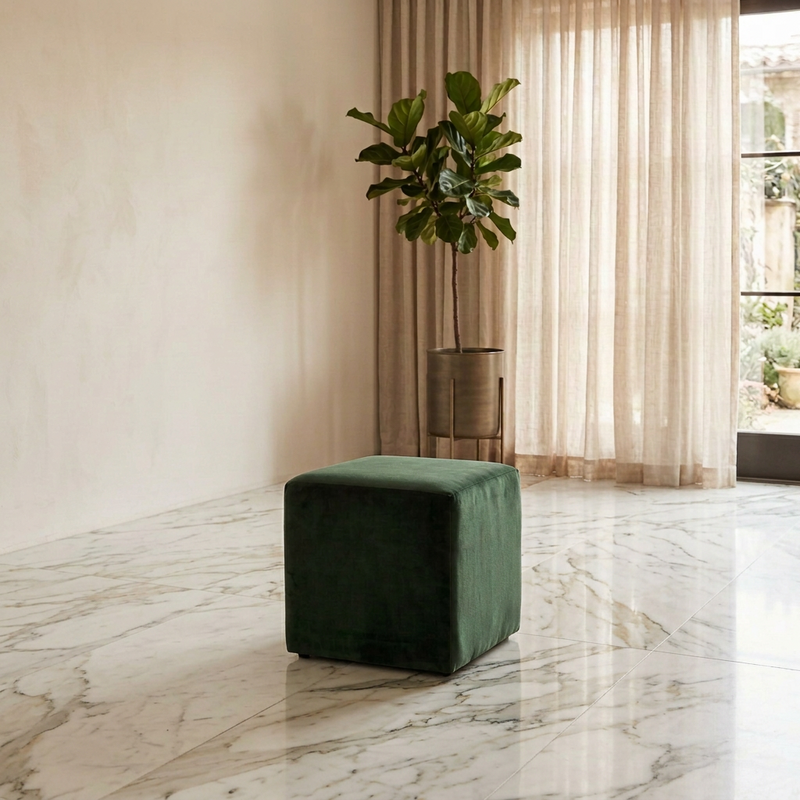 Suryavanshi Green Velvet Cube Ottoman – Modern Upholstered Footrest & Accent Stool