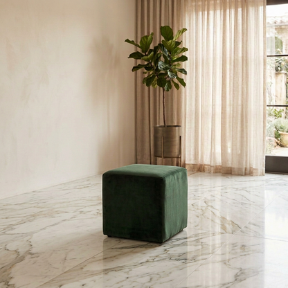 Suryavanshi Green Velvet Cube Ottoman – Modern Upholstered Footrest & Accent Stool