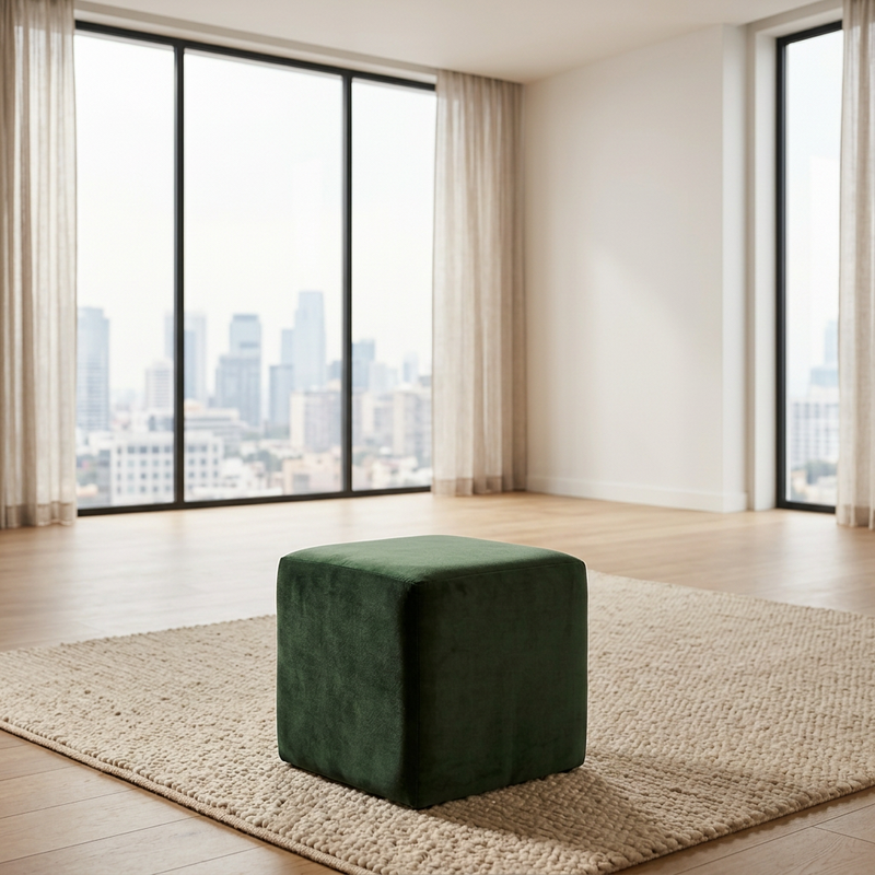 Suryavanshi Green Velvet Cube Ottoman – Modern Upholstered Footrest & Accent Stool