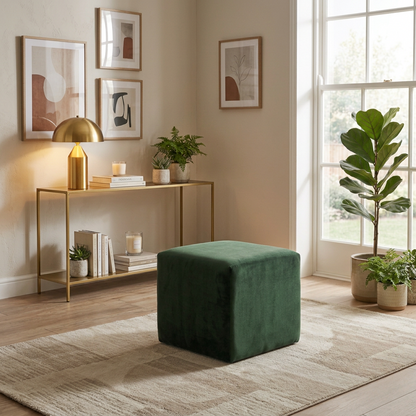 Suryavanshi Green Velvet Cube Ottoman – Modern Upholstered Footrest & Accent Stool