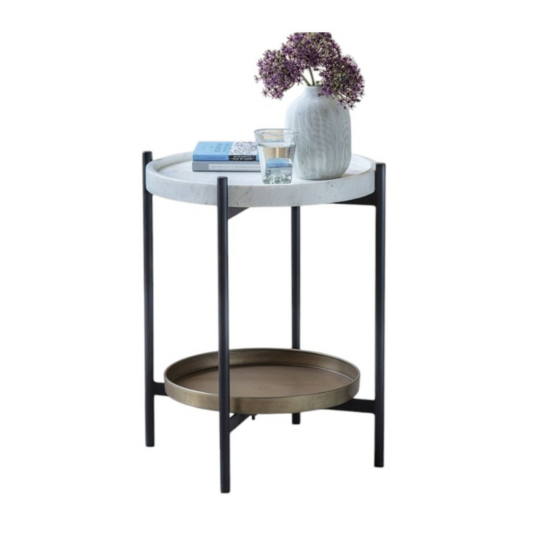 Suryavanshi Brooklyn Marble Top Side Table - Black Iron Legs, Brass Shelf, Circular Shape