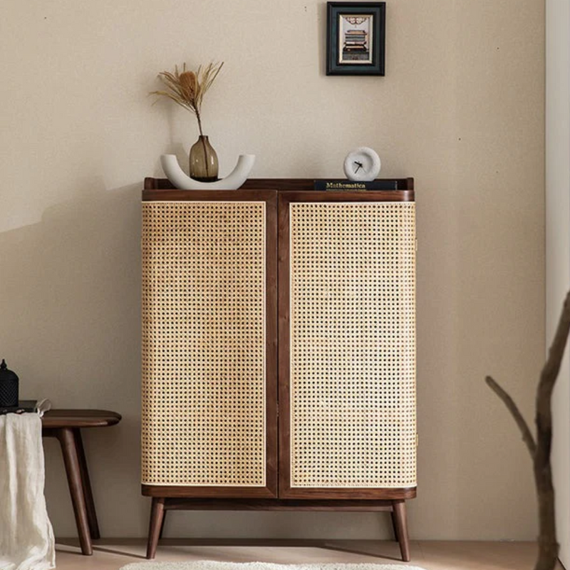 Suryavanshi Sheesham Wooden Cane Shoe Rack Cabinet Storage with 2 Door & Shelf Storage for Entryway, Living Room, Balcony & Home, Walnut Finish, Rattan Cabinet (84 L x 35.5 W x 117 H CM)