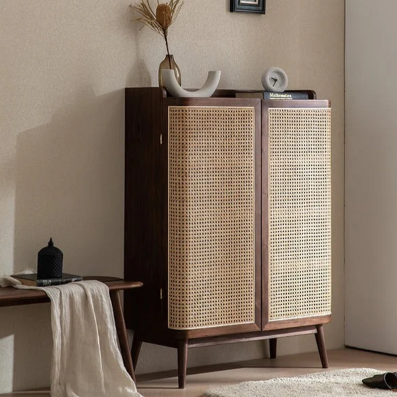 Suryavanshi Sheesham Wooden Cane Shoe Rack Cabinet Storage with 2 Door & Shelf Storage for Entryway, Living Room, Balcony & Home, Walnut Finish, Rattan Cabinet (84 L x 35.5 W x 117 H CM)