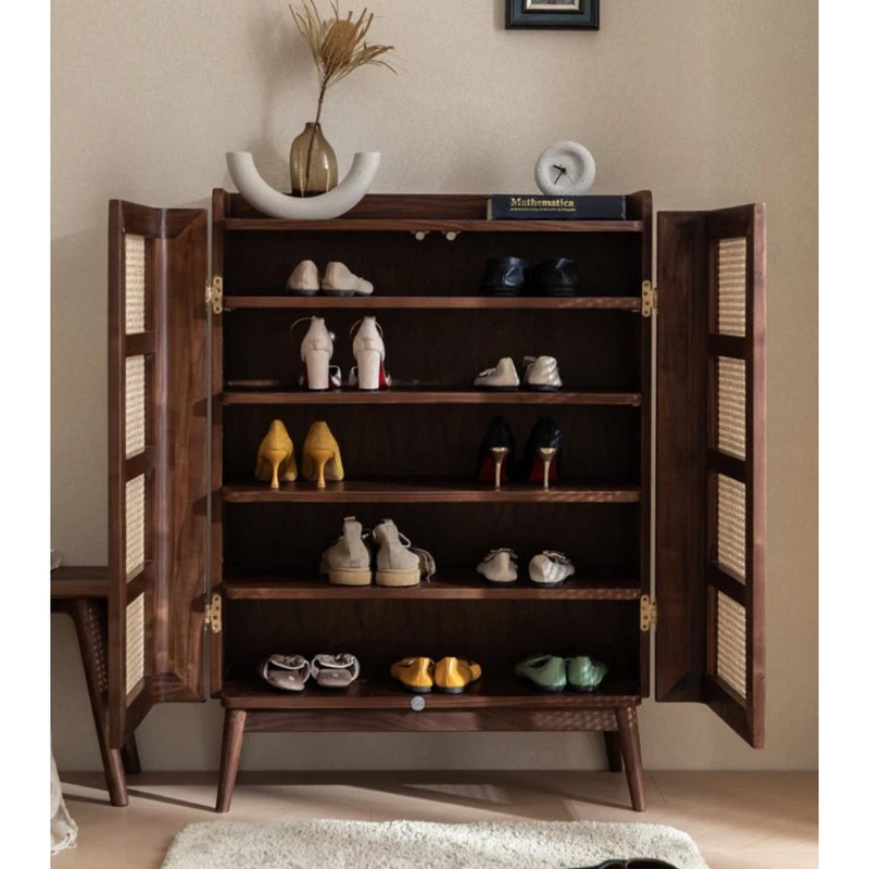 Suryavanshi Sheesham Wooden Cane Shoe Rack Cabinet Storage with 2 Door & Shelf Storage for Entryway, Living Room, Balcony & Home, Walnut Finish, Rattan Cabinet (84 L x 35.5 W x 117 H CM)