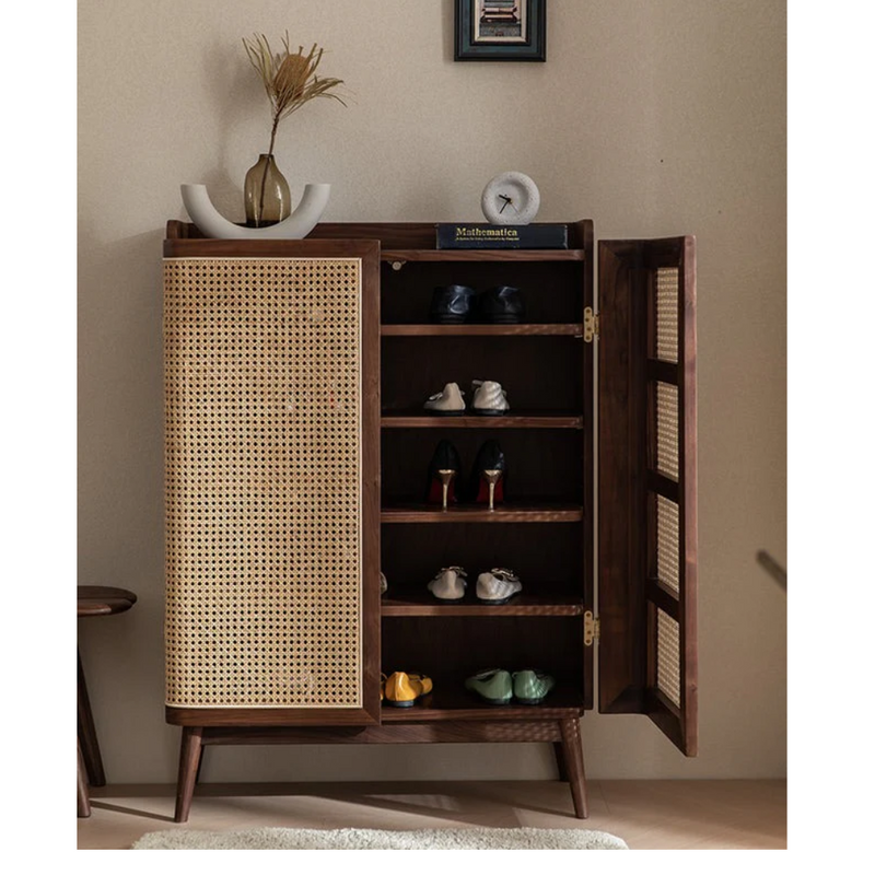 Suryavanshi Sheesham Wooden Cane Shoe Rack Cabinet Storage with 2 Door & Shelf Storage for Entryway, Living Room, Balcony & Home, Walnut Finish, Rattan Cabinet (84 L x 35.5 W x 117 H CM)