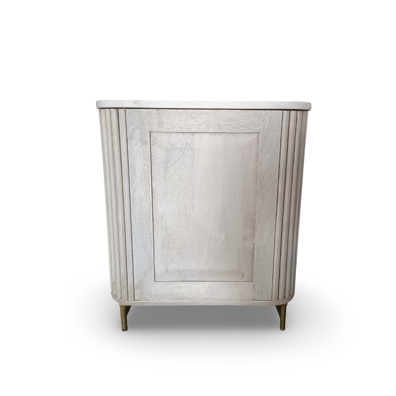 Suryavanshi Whitewash Wooden Bedside Table for Bedroom with 2 Drawers & Brass Handles | Ribbed Modern Nightstand | Solid Wood End Table for Women’s Room Decor & Storage