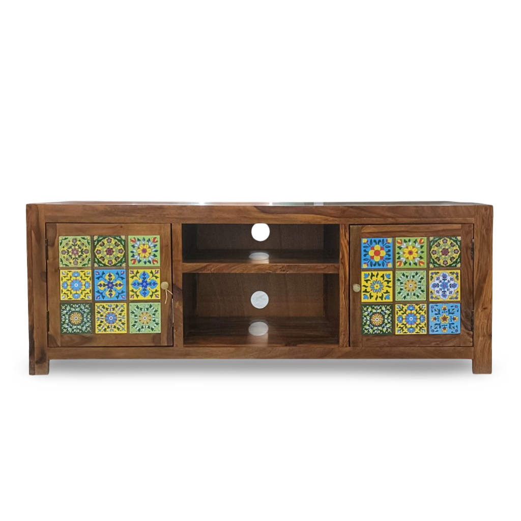 Sheesham Wood TV Cabinet with Ceramic Tile Design, 2 Storage Doors, 2 Shelves