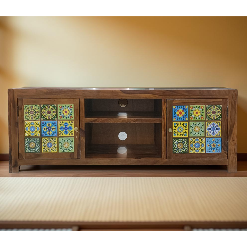 Sheesham Wood TV Cabinet with Ceramic Tile Design, 2 Storage Doors, 2 Shelves