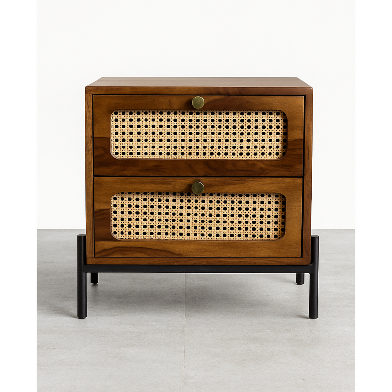 Suryavanshi Sheesham Wood Bedside Table with Cane Drawer Fronts & Metal Legs – 2 Drawer Nightstand for Bedroom (Natural Finish)
