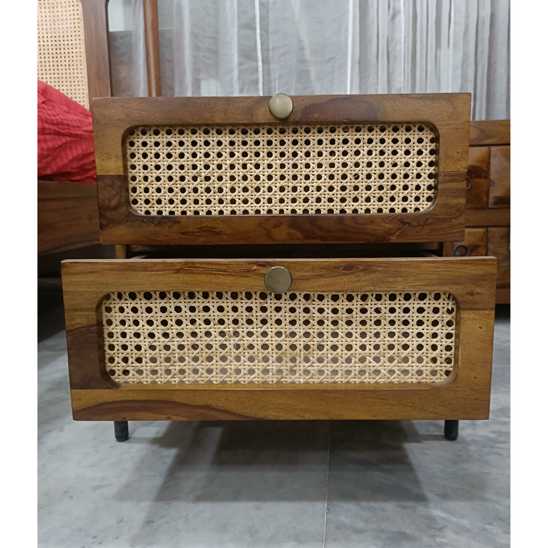 Suryavanshi Sheesham Wood Bedside Table with Cane Drawer Fronts & Metal Legs – 2 Drawer Nightstand for Bedroom (Natural Finish)