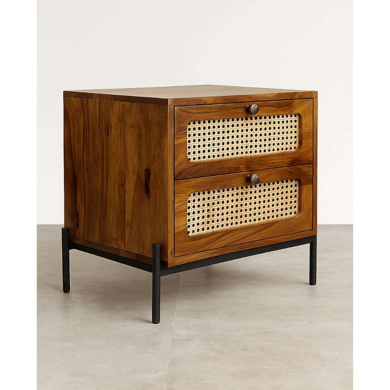 Suryavanshi Sheesham Wood Bedside Table with Cane Drawer Fronts & Metal Legs – 2 Drawer Nightstand for Bedroom (Natural Finish)