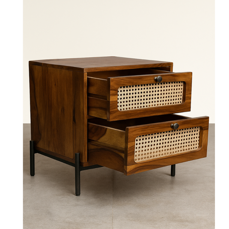 Suryavanshi Sheesham Wood Bedside Table with Cane Drawer Fronts & Metal Legs – 2 Drawer Nightstand for Bedroom (Natural Finish)