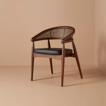 Suryavanshi Mid-Century Modern Cane Back Accent Chair in Mango Wood with Cushioned Seat | Handmade Wooden Arm Chair for Living Room & Lounge (Walnut Finish)