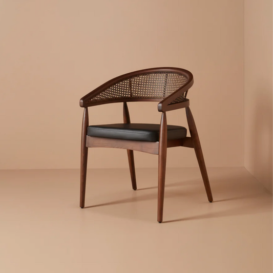 Suryavanshi Mid-Century Modern Cane Back Accent Chair in Mango Wood with Cushioned Seat | Handmade Wooden Arm Chair for Living Room & Lounge (Walnut Finish)