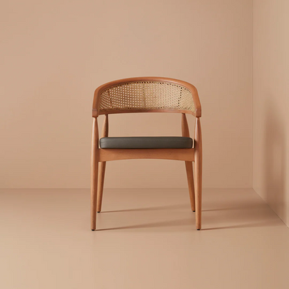 Suryavanshi Mid-Century Modern Cane Back Accent Chair in Mango Wood with Cushioned Seat | Handmade Wooden Arm Chair for Living Room & Lounge (Walnut Finish)
