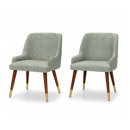 Suryavanshi Pack of 2 Floral Accent Chairs for Living Room | Mid-Century Upholstered Armchairs with Wooden Legs & Brass Caps | Fabric Lounge Chair for Bedroom, Dining, Study – Turquoise