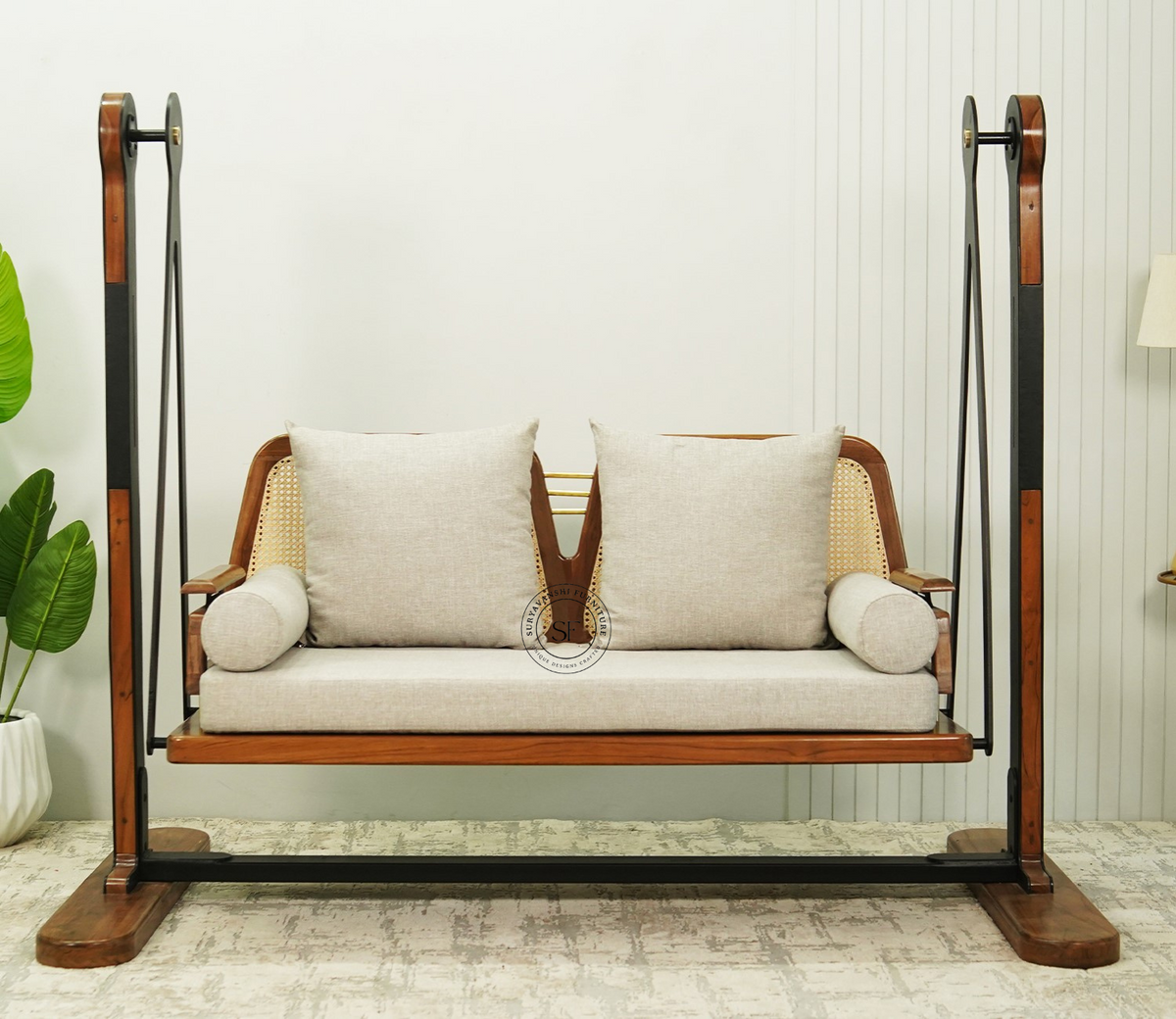 Suryavanshi 2 Seater Sheesham Wood Cane Swing Chair (Cream)
