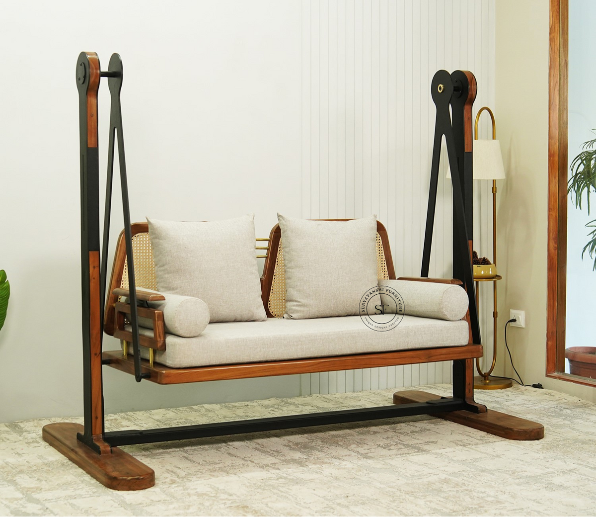 Suryavanshi 2 Seater Sheesham Wood Cane Swing Chair (Cream)