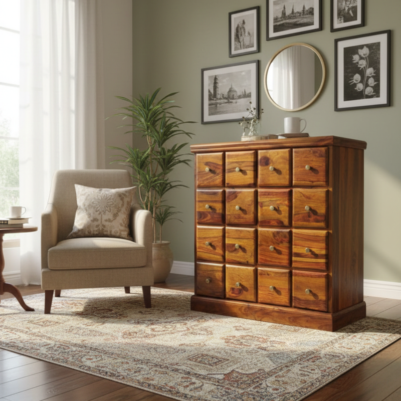 Suryavanshi Sheesham Wood Brown 16 Drawer Storage Unit with Brass Knobs