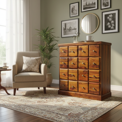 Suryavanshi Sheesham Wood Brown 16 Drawer Storage Unit with Brass Knobs