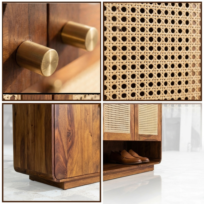 Grisa Sheesham Wood Shoe Cabinet With Cane Detailing