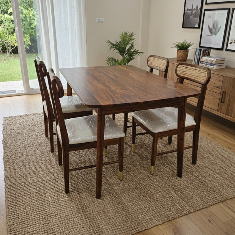MALESIYA Sheesham Wood 4-Seater Dining Table Set with Cane Back Chairs