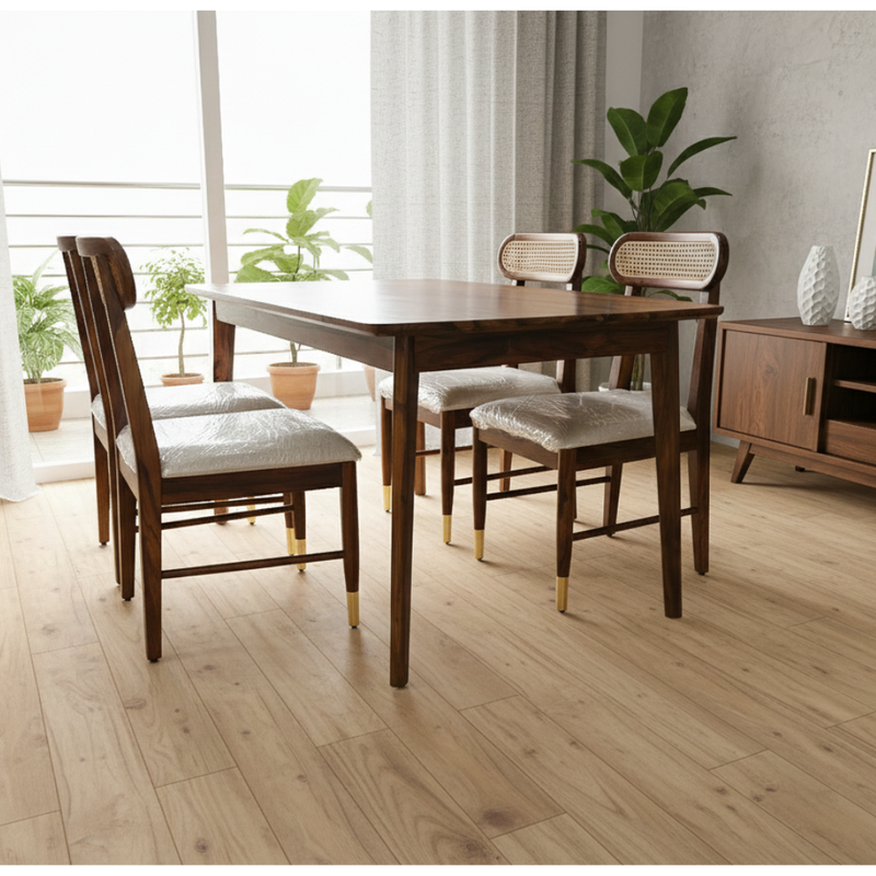 MALESIYA Sheesham Wood 4-Seater Dining Table Set with Cane Back Chairs