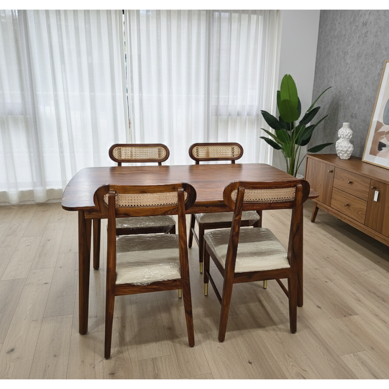 MALESIYA Sheesham Wood 4-Seater Dining Table Set with Cane Back Chairs