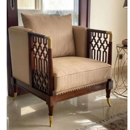 Modern Accent Armchair with Upholstered Cushion Seat, Solid Wood Frame, Decorative Lattice Arms & Throw Pillow