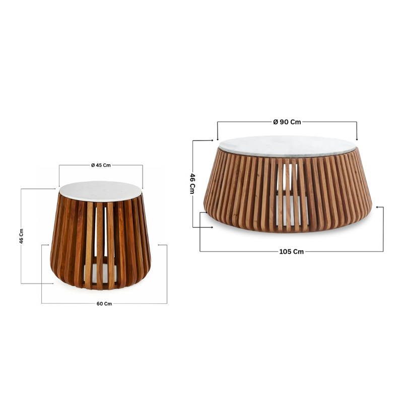 Sheesham Wood Coffee and Side Table Set with White Natural Marble Top, Set of 2