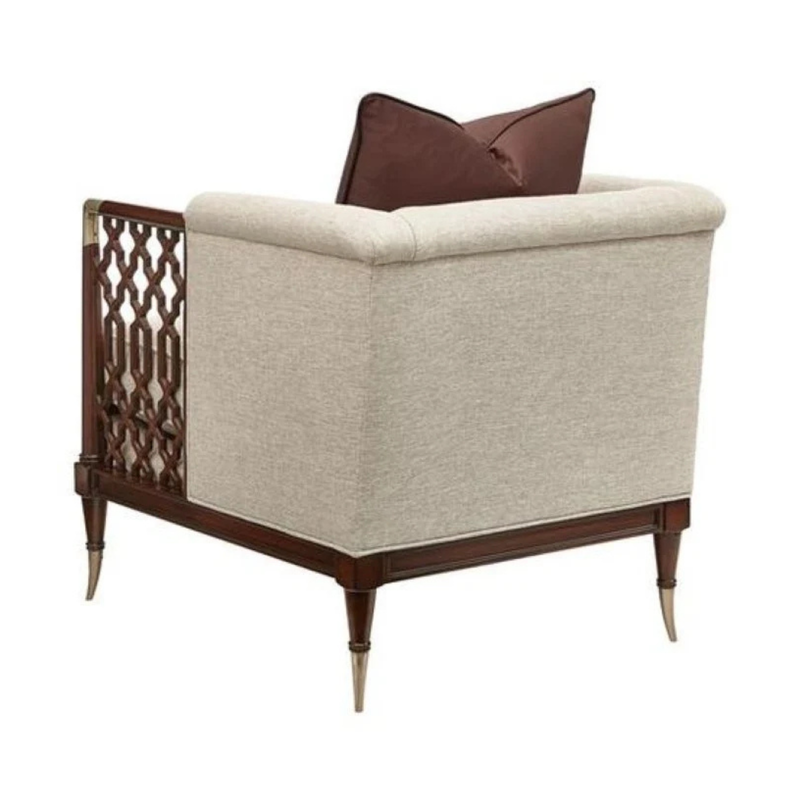 Modern Accent Armchair with Upholstered Cushion Seat, Solid Wood Frame, Decorative Lattice Arms & Throw Pillow