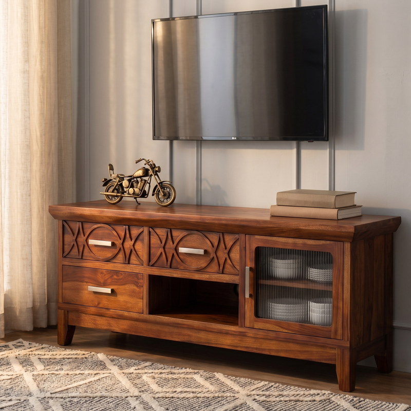 Hudson Sheesham Solid Wood TV Unit for Living Rooms & Bedroom - Honey Finish
