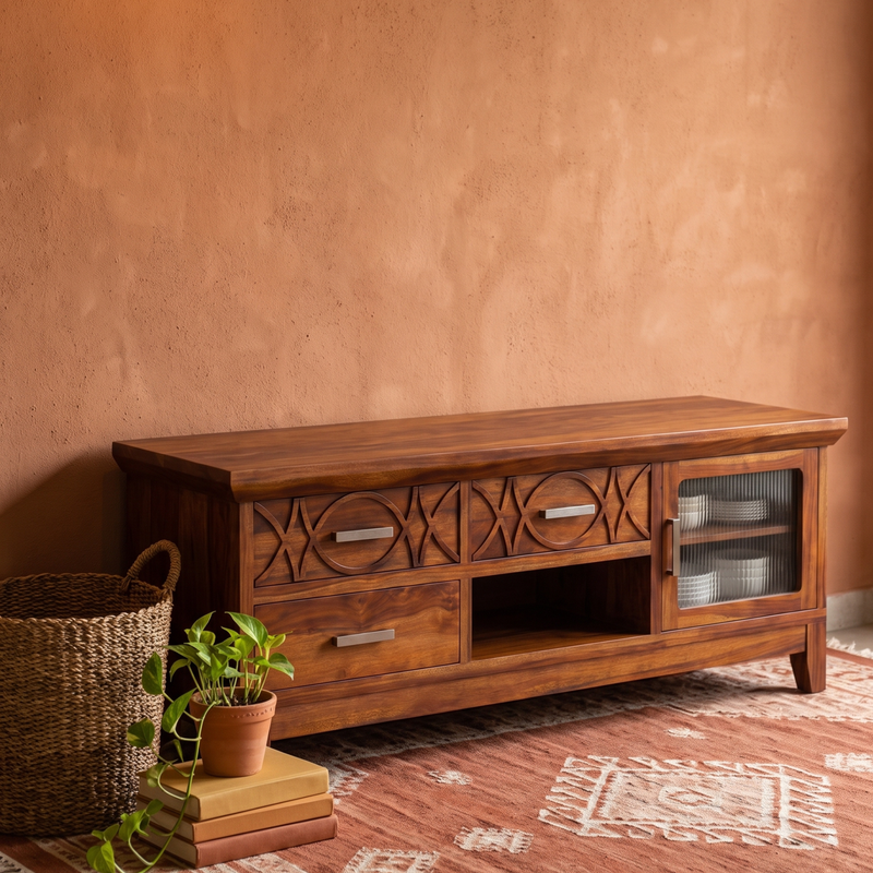 Hudson Sheesham Solid Wood TV Unit for Living Rooms & Bedroom - Honey Finish