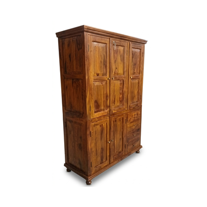 Sheesham  Wood 3-Door Wardrobe with Drawers – Classic Handcrafted Storage Cabinet