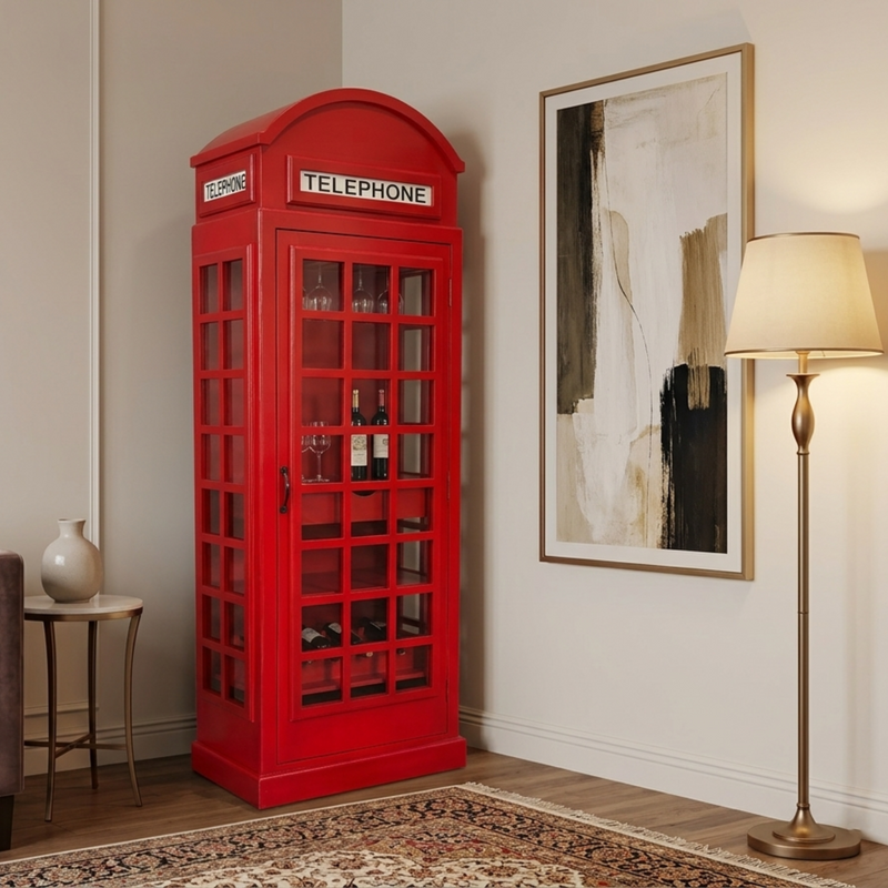 Giles British Telephone Booth Style Bar Cabinet in Red with Transparent Acrylic Sheet  Door