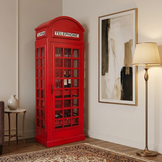 Giles British Telephone Booth Style Bar Cabinet in Red with Transparent Acrylic Sheet  Door