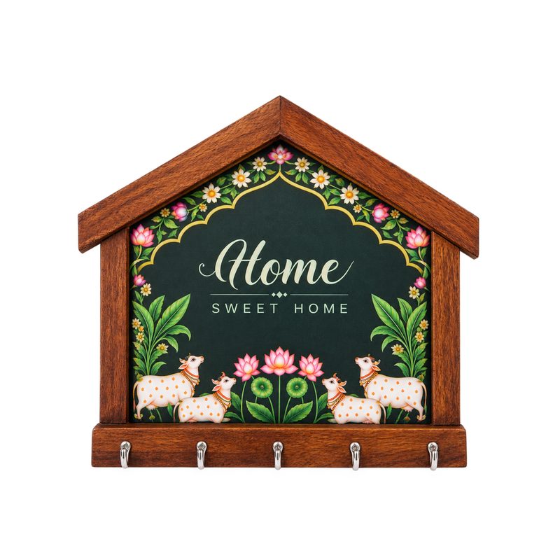 Solid Mango Wood this product is a wooden house-shaped key holder with decorative home signage, Name Plates & Key Holders.