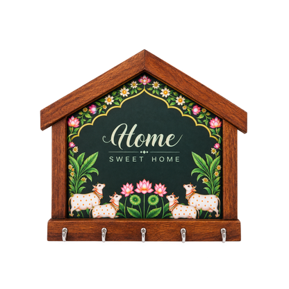 Solid Mango Wood this product is a wooden house-shaped key holder with decorative home signage, Name Plates & Key Holders.