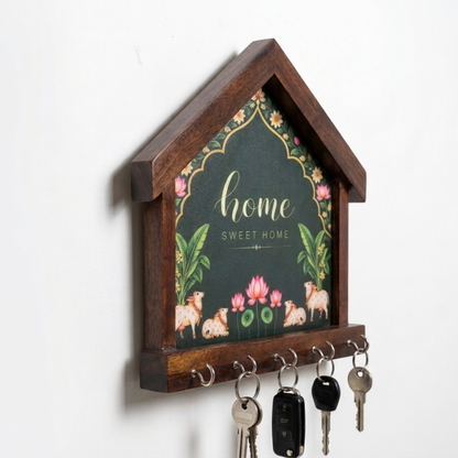 Solid Mango Wood this product is a wooden house-shaped key holder with decorative home signage, Name Plates & Key Holders.