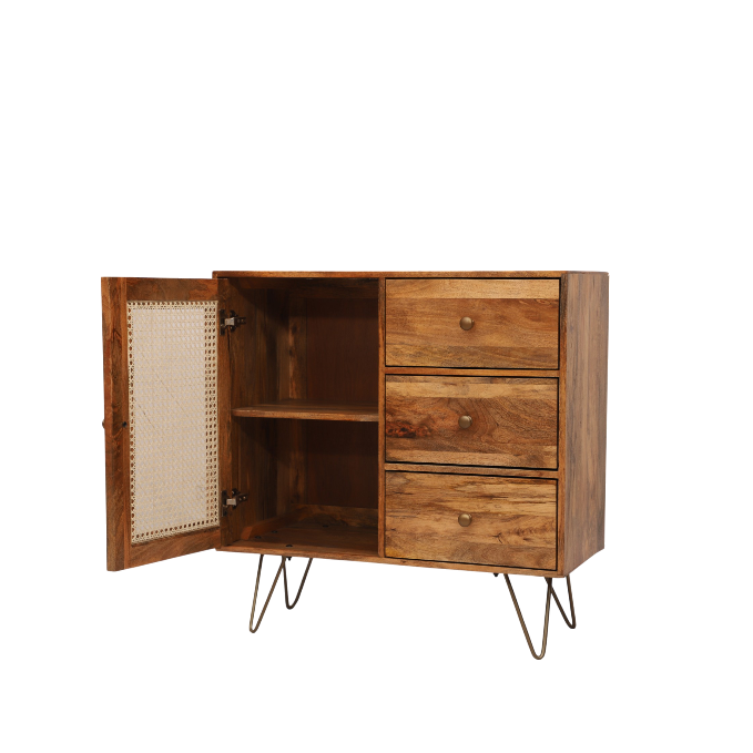 Suryavanshi Solid Wood Sideboard Cabinet with Cane 1 Door & 3Drawers | Solid Wood Sideboard Cabinet | Cane Sideboard and Cabinet | Sideboard for Living Room |Cabinet Storage | Wooden Sideboard