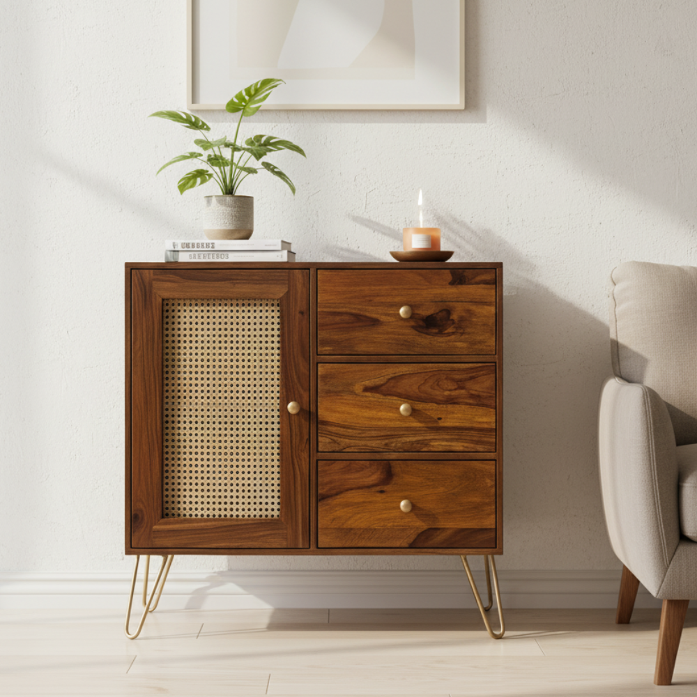 Suryavanshi Solid Wood Sideboard Cabinet with Cane 1 Door & 3Drawers Cane Sideboard and Cabinet | Sideboard for Living Room