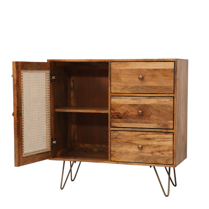 Suryavanshi Solid Wood Sideboard Cabinet with Cane 1 Door & 3Drawers | Solid Wood Sideboard Cabinet | Cane Sideboard and Cabinet | Sideboard for Living Room |Cabinet Storage | Wooden Sideboard