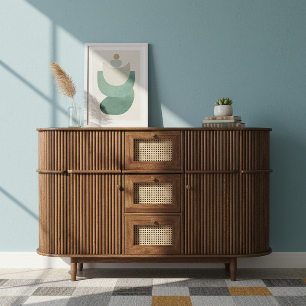 RIBBED Mango Solid Wood Cane Sideboard Cabinet