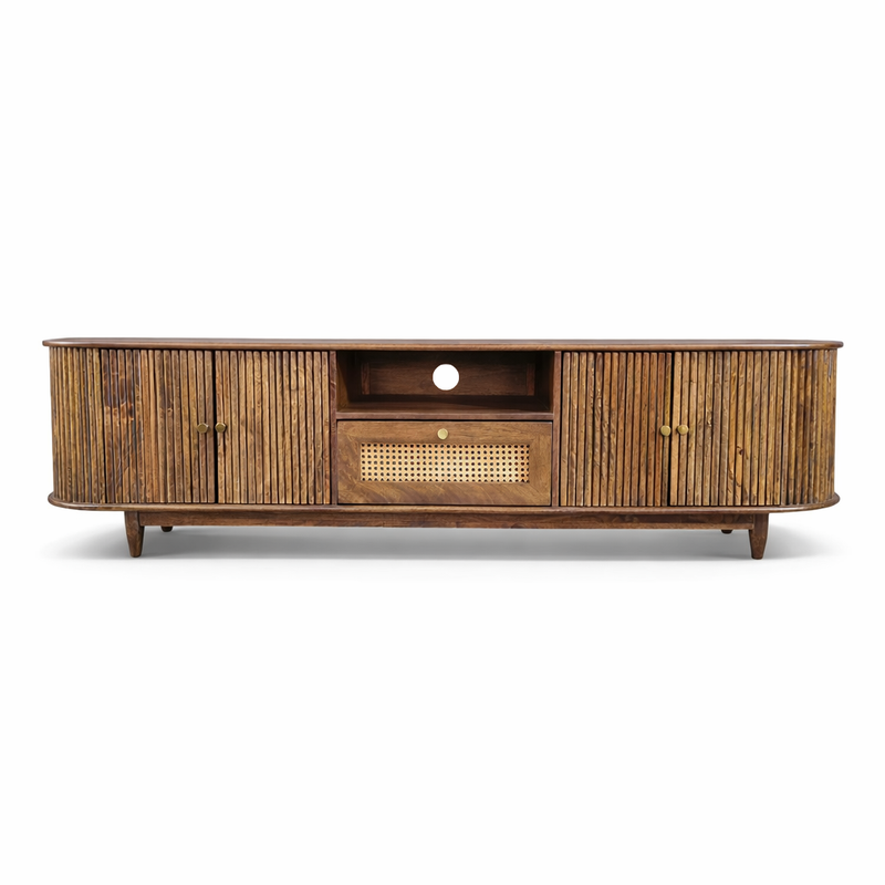 RIBBED Solid Mango Wood TV Unit with Rattan Cane Work | 2 Door & 1 Drawer Media Unit